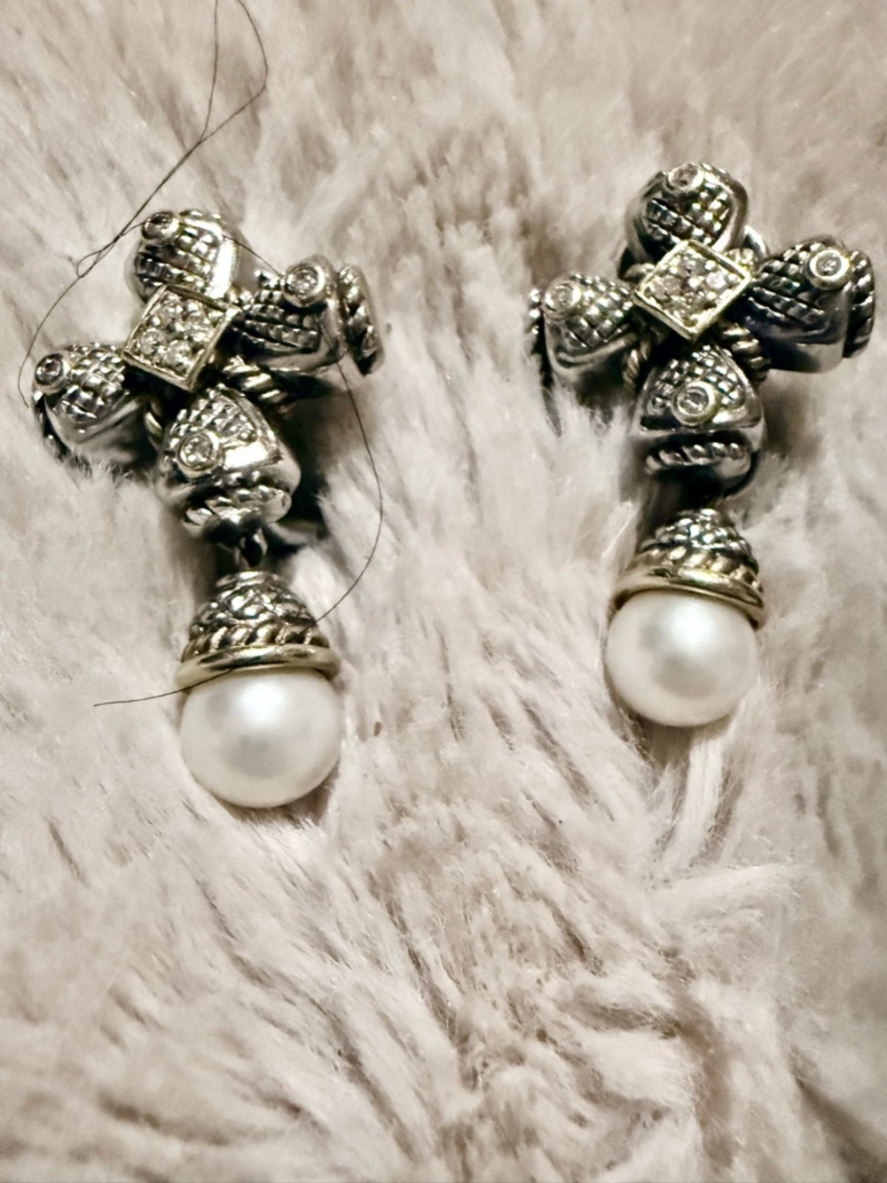 Sterling Silver Pearl Drop Cross Earrings - White Pearl